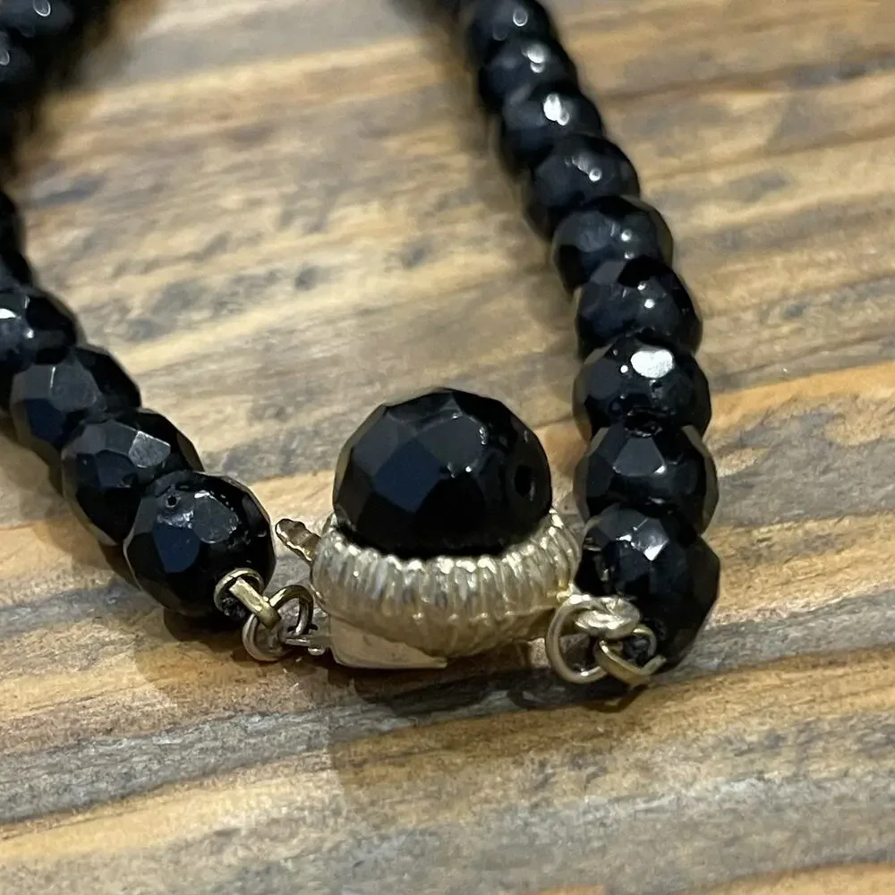 Vintage Glass Necklace Faceted Black Beads 7.5mm Unique Detailed Box Clasp 22”